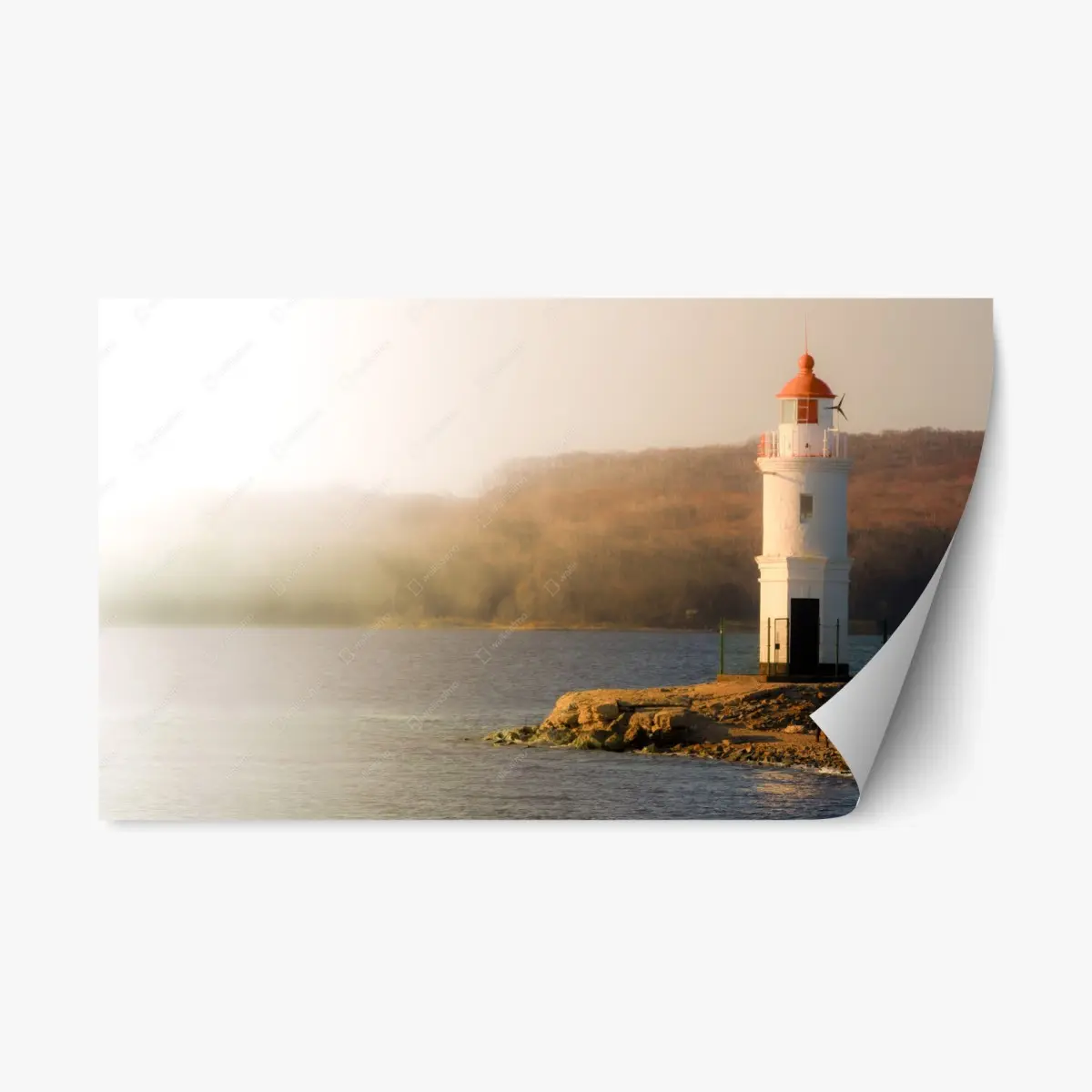 Repositionable sticker sunlit lighthouse on misty shore • Wallissimo® Repositionable sticker sunlit lighthouse on misty shore • Wallissimo®