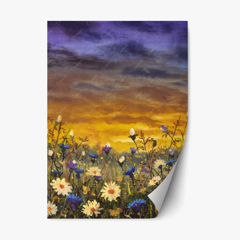 Repositionable sticker sunset daisies and cornflowers meadow