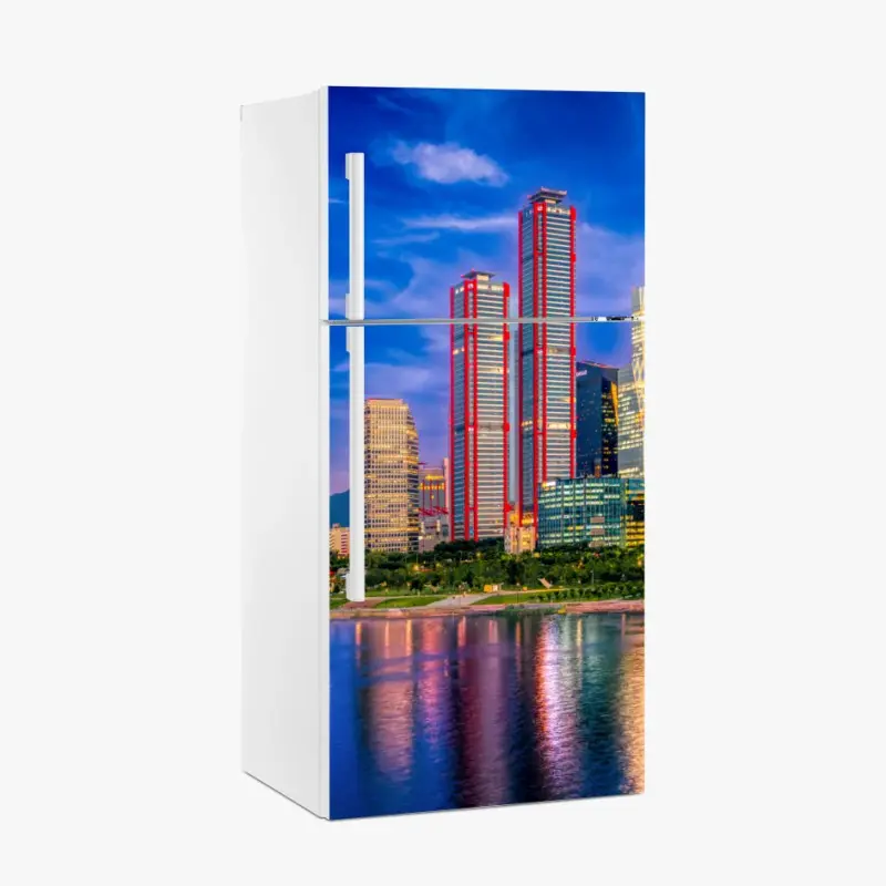 Fridge sticker vibrant city skyline at dusk