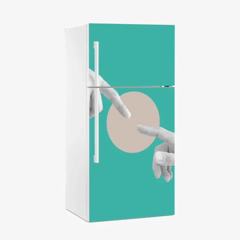 Fridge sticker connecting fingers on turquoise background