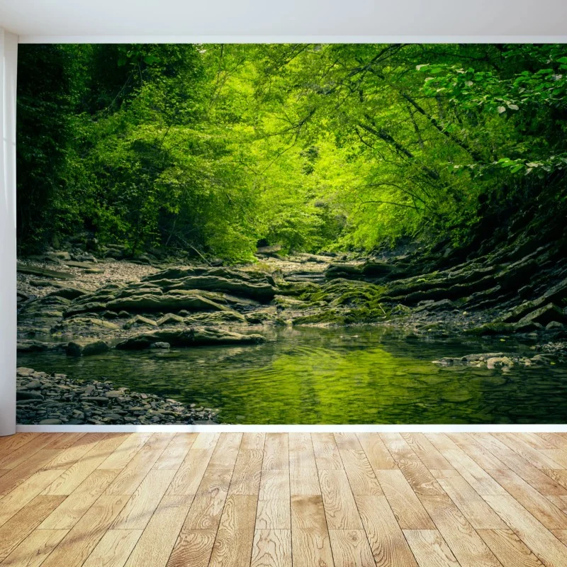 Wall mural lush green forest creek reflection