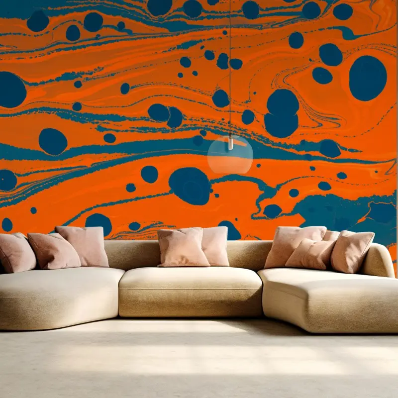 Wall mural vibrant orange and teal marbling
