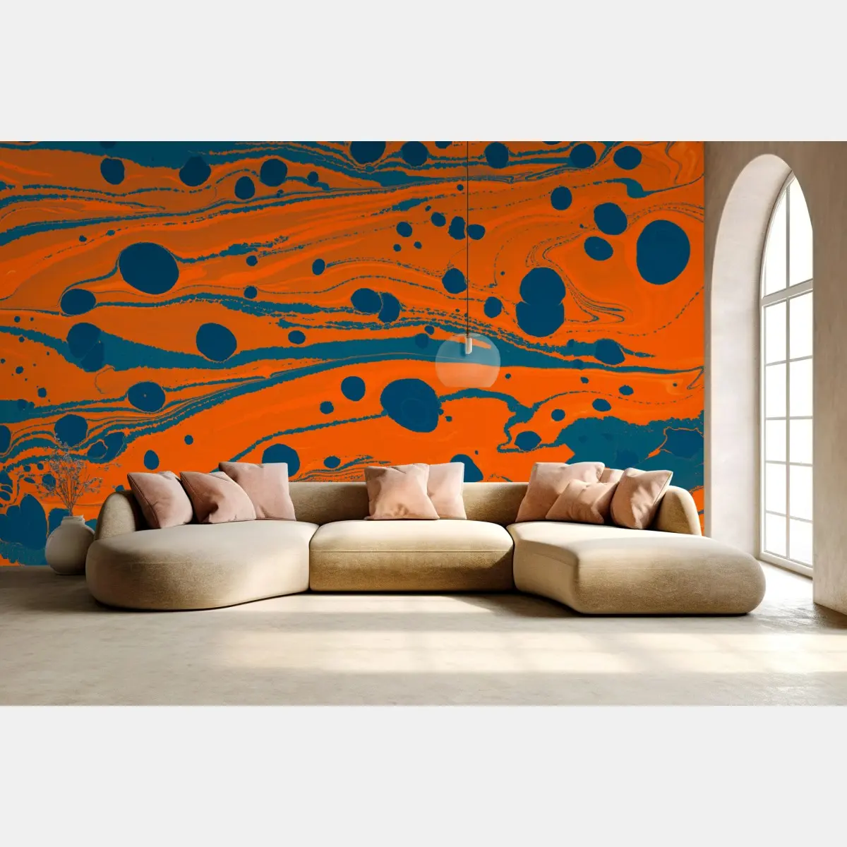 Wall mural vibrant orange and teal marbling • Wallissimo®