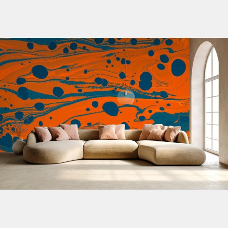 Wall mural vibrant orange and teal marbling • Wallissimo®
