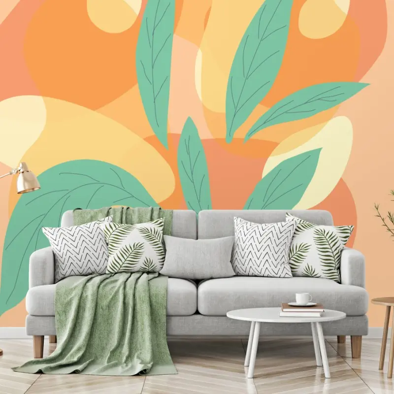 Wall mural turquoise leaves in a red vase