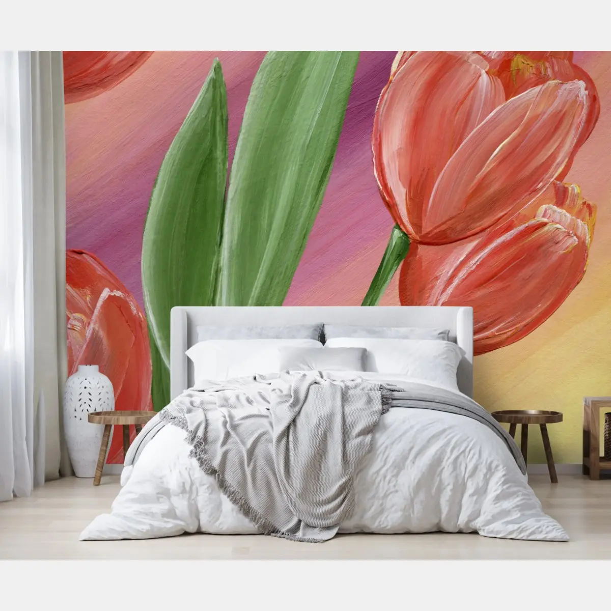 Wall mural soft pastel tulip bouquet • Wallissimo®
