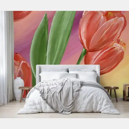Wall mural soft pastel tulip bouquet • Wallissimo®