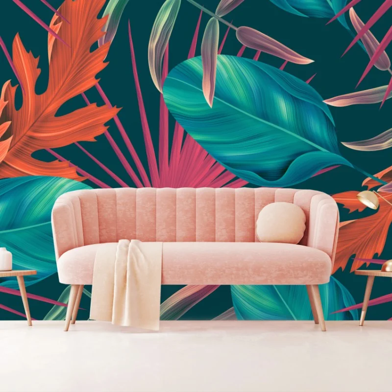 Wall mural tropical teal leaves pattern • Wallissimo®