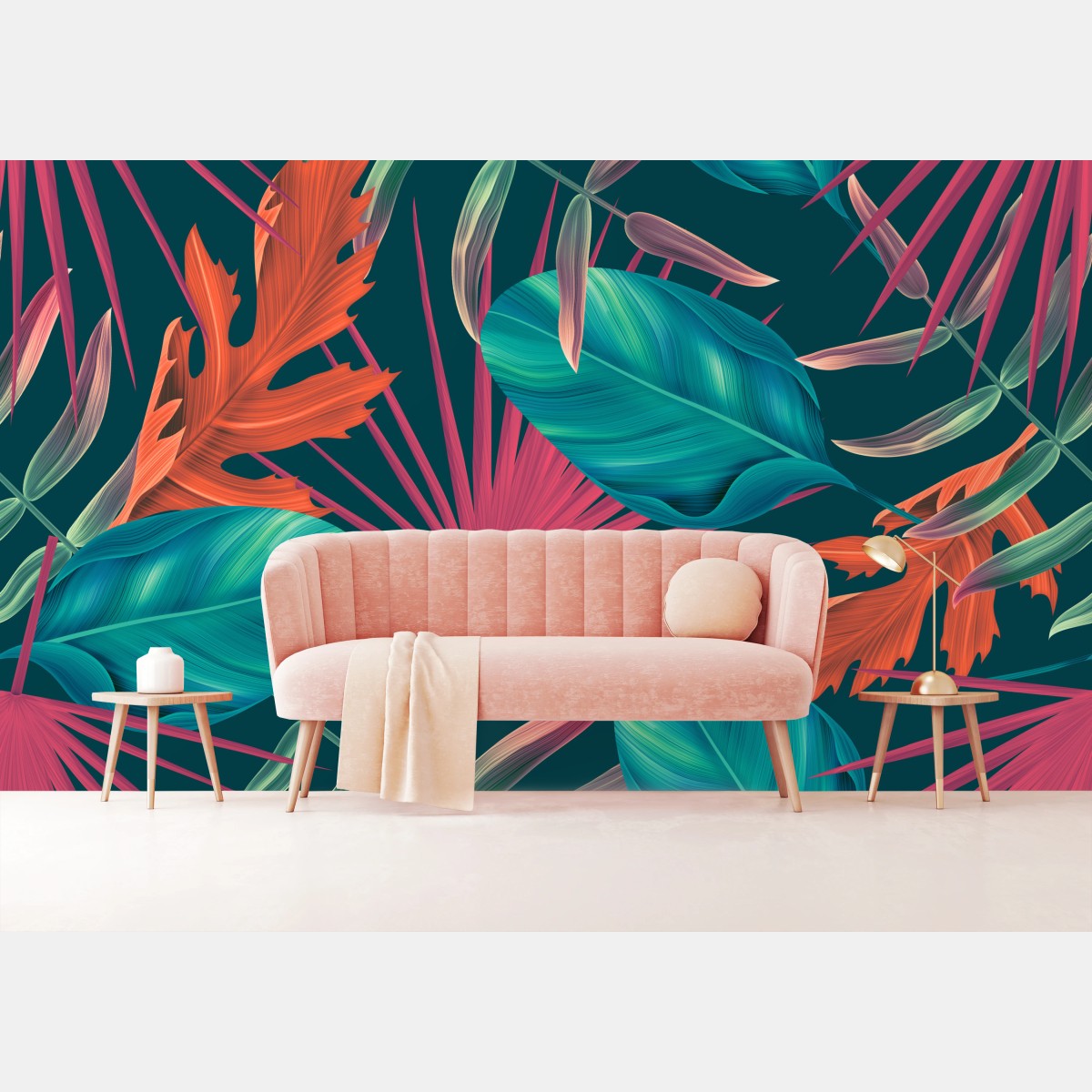 Wall mural tropical teal leaves pattern • Wallissimo®