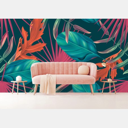 Wall mural tropical teal leaves pattern • Wallissimo®