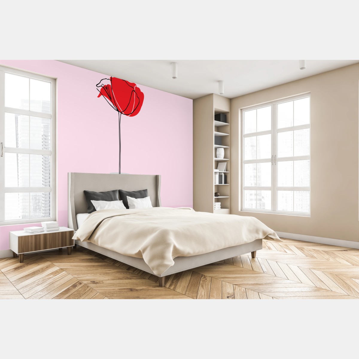 Wall mural red poppy on pink background • Wallissimo®