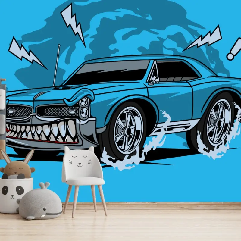 Wall mural blue muscle car pop art