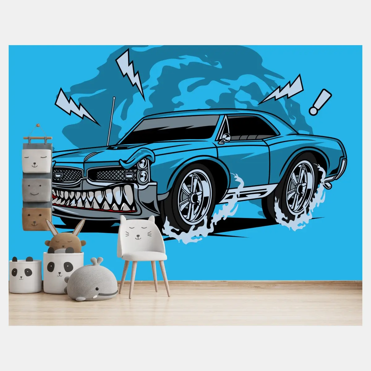 Wall mural blue muscle car pop art • Wallissimo®