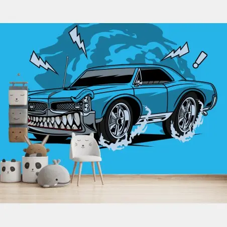 Wall mural blue muscle car pop art • Wallissimo®