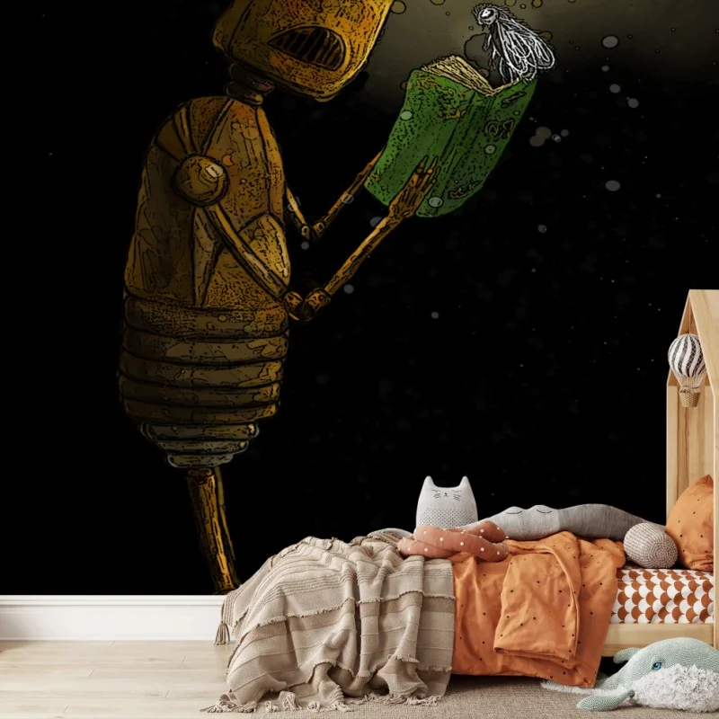 Wall mural rusty robot reading by lamplight