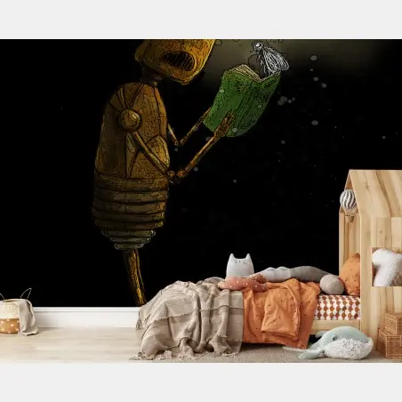 Wall mural rusty robot reading by lamplight • Wallissimo®