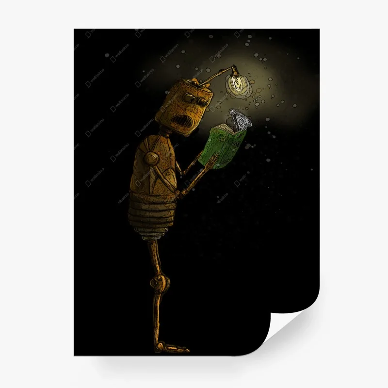 Wall mural rusty robot reading by lamplight