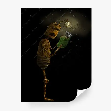 Wall mural rusty robot reading by lamplight • Wallissimo®