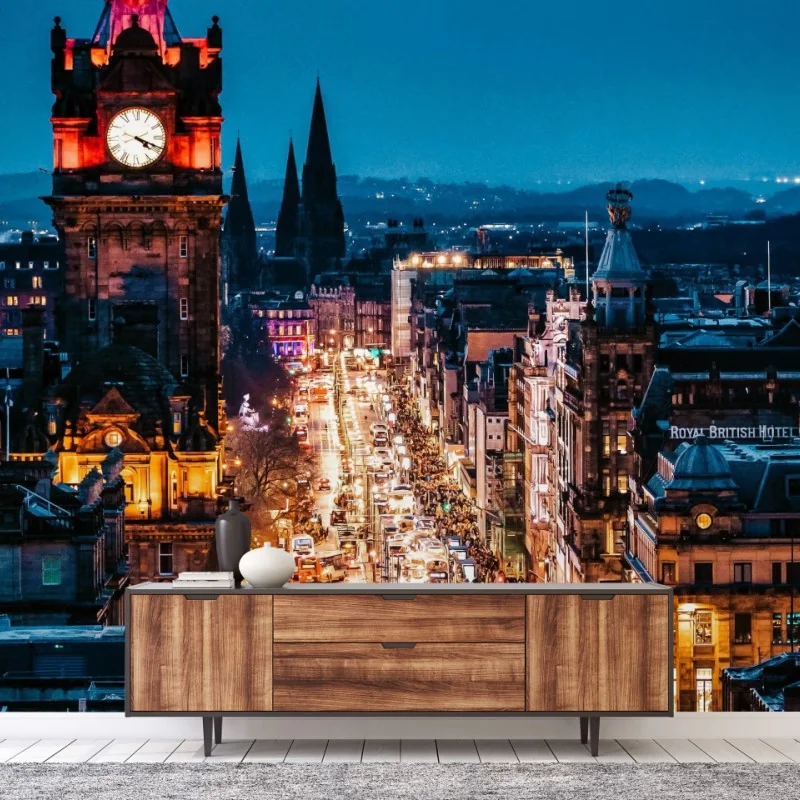 Wall mural Edinburgh evening cityscape with clock tower
