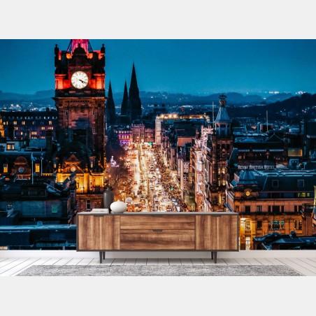 Wall mural Edinburgh evening cityscape with clock tower • Wallissimo®