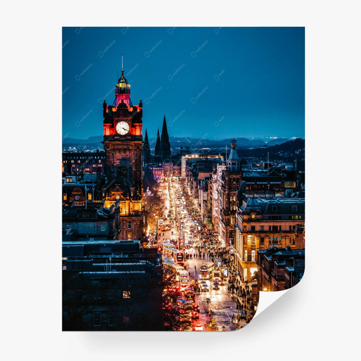 Wall mural Edinburgh evening cityscape with clock tower • Wallissimo®