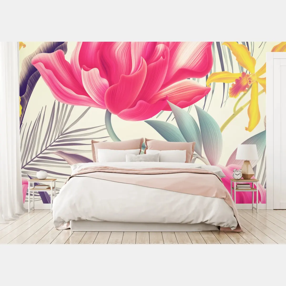 Wall mural pastel tropical blossoms • Wallissimo®