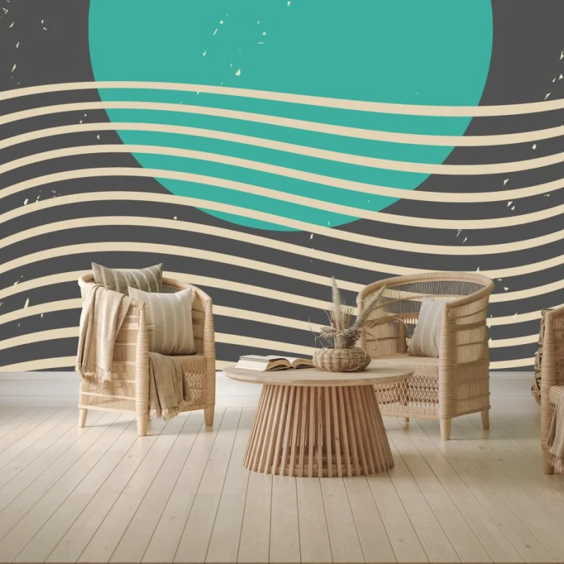 Wall mural turquoise sun over retro waves
