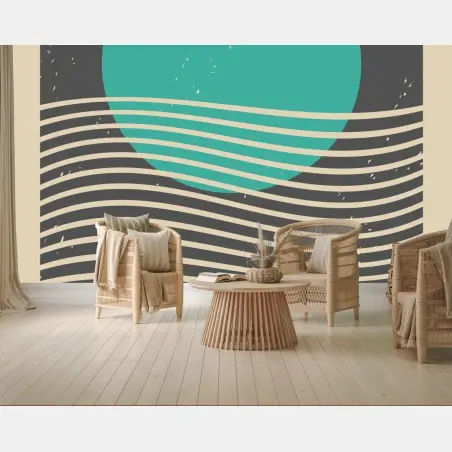 Wall mural turquoise sun over retro waves • Wallissimo®