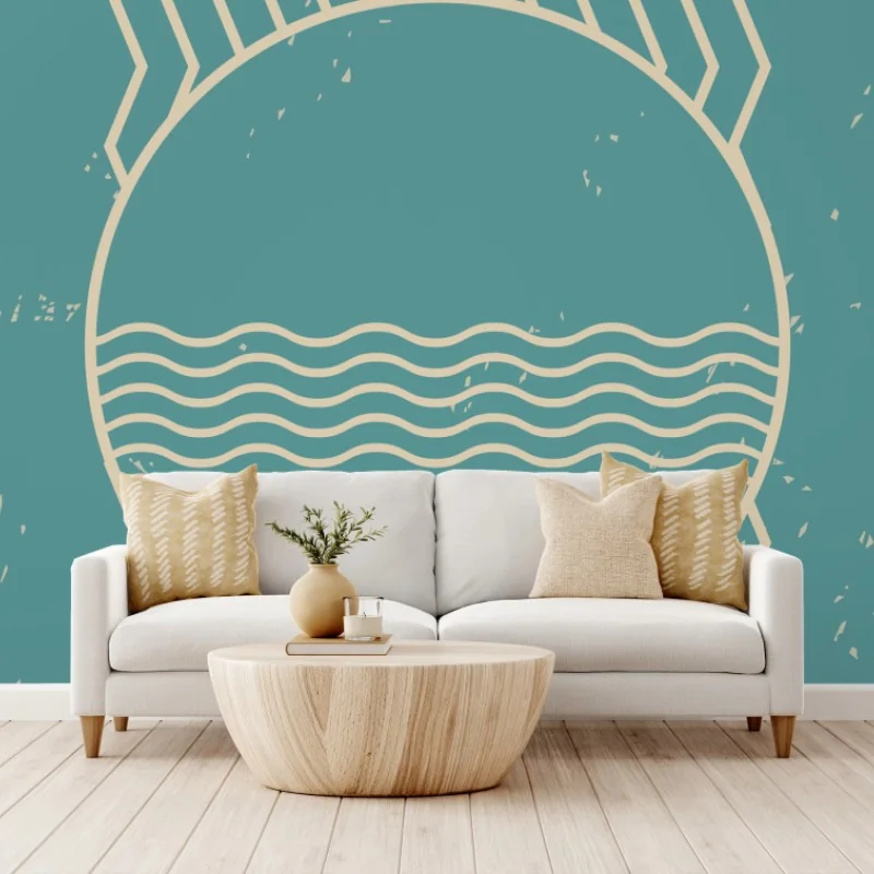 Wall mural turquoise geometric sun and waves