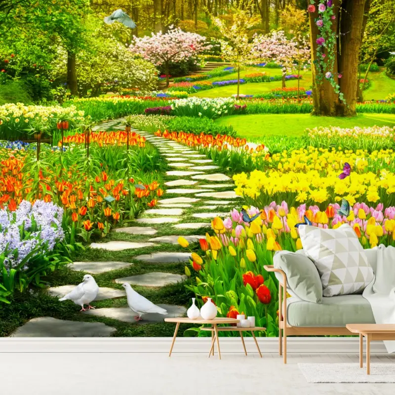Wall mural spring garden path with colorful tulips