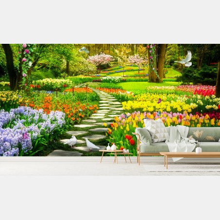 Wall mural spring garden path with colorful tulips • Wallissimo®