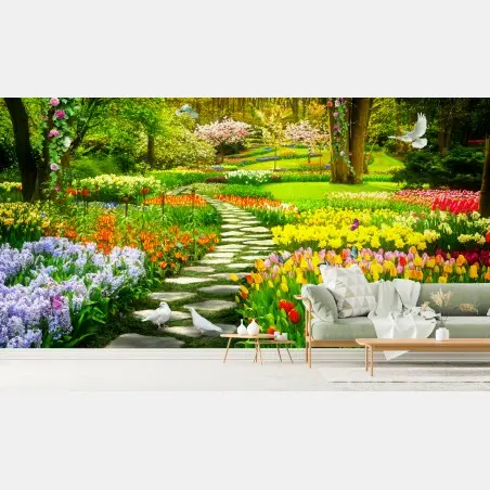 Wall mural spring garden path with colorful tulips • Wallissimo®