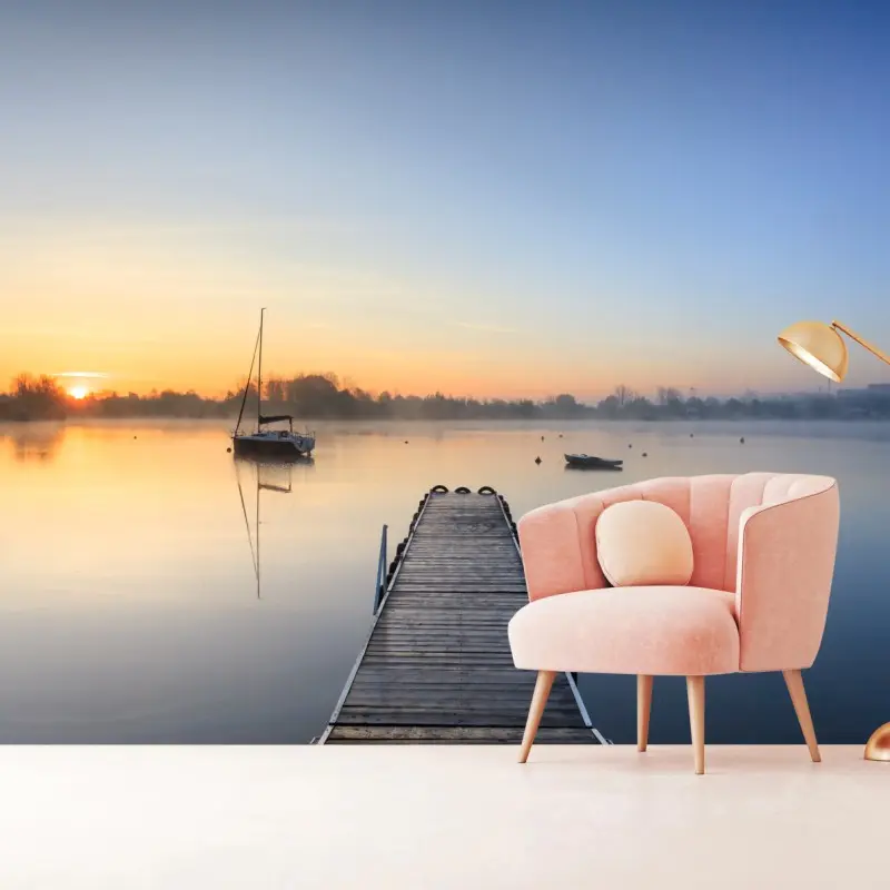Wall mural calm sunrise over misty lake