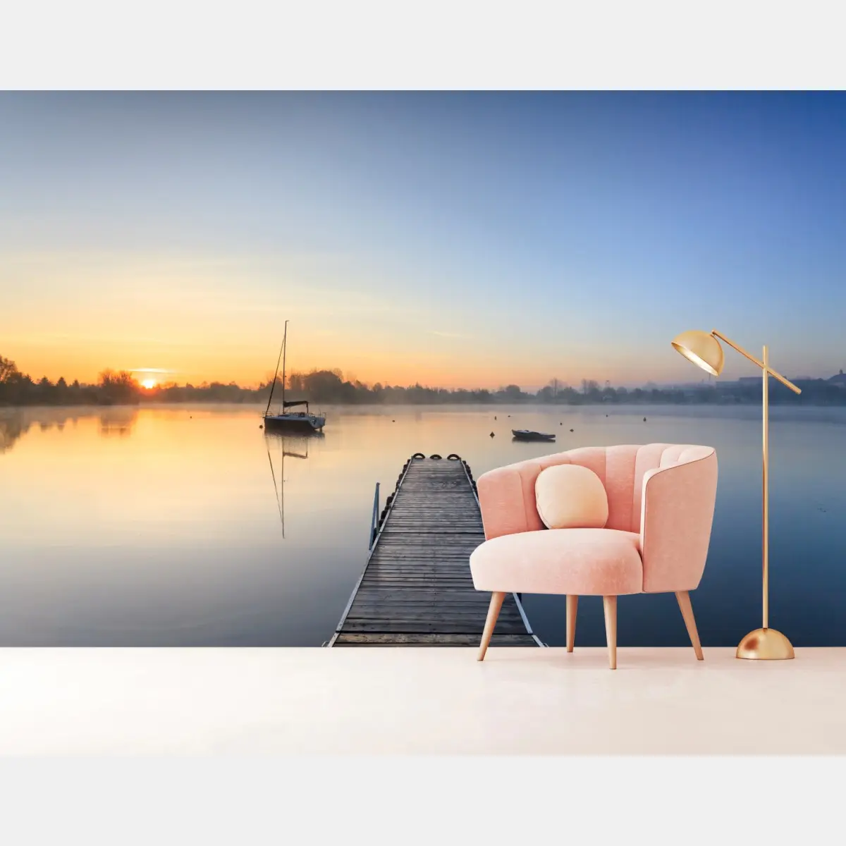 Wall mural calm sunrise over misty lake • Wallissimo®