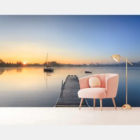Wall mural calm sunrise over misty lake • Wallissimo®