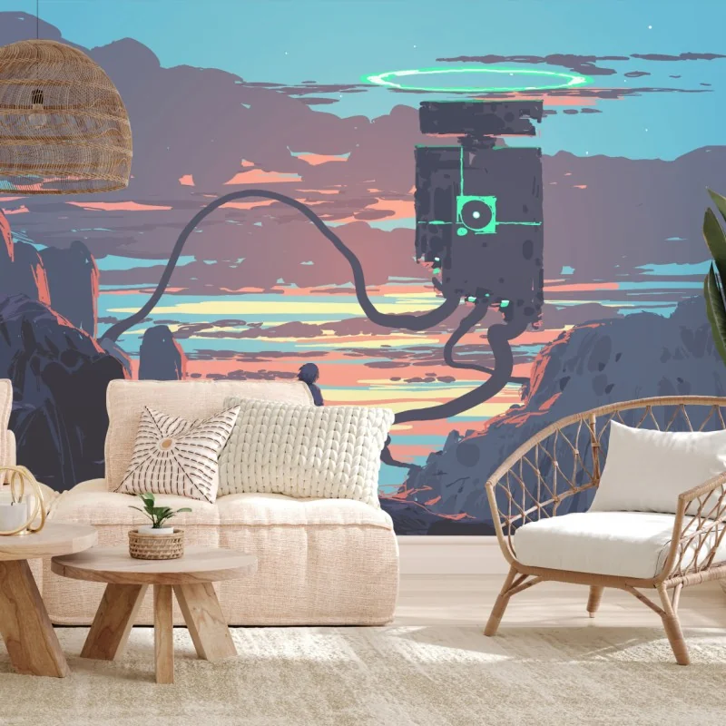 Wall mural solitary explorer and hovering machine at sunset