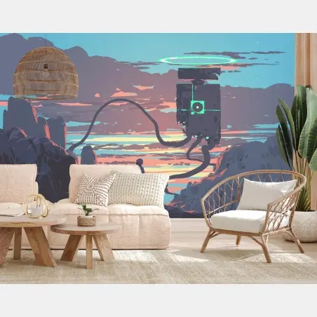 Wall mural solitary explorer and hovering machine at sunset • Wallissimo®