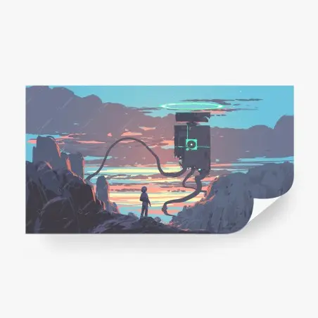 Wall mural solitary explorer and hovering machine at sunset • Wallissimo®