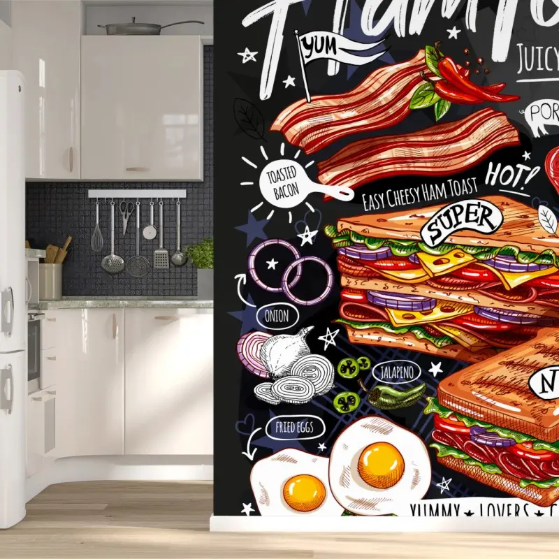 Wall mural juicy ham toast illustration