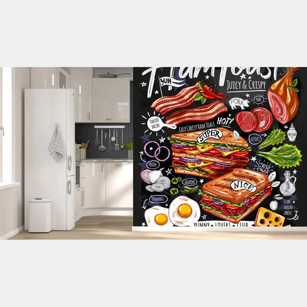 Wall mural juicy ham toast illustration • Wallissimo®