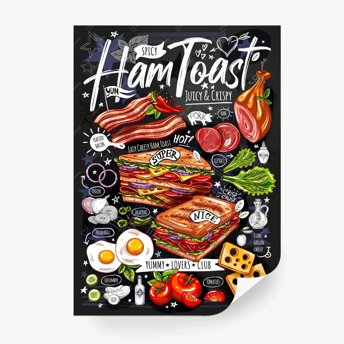 Wall mural juicy ham toast illustration • Wallissimo®