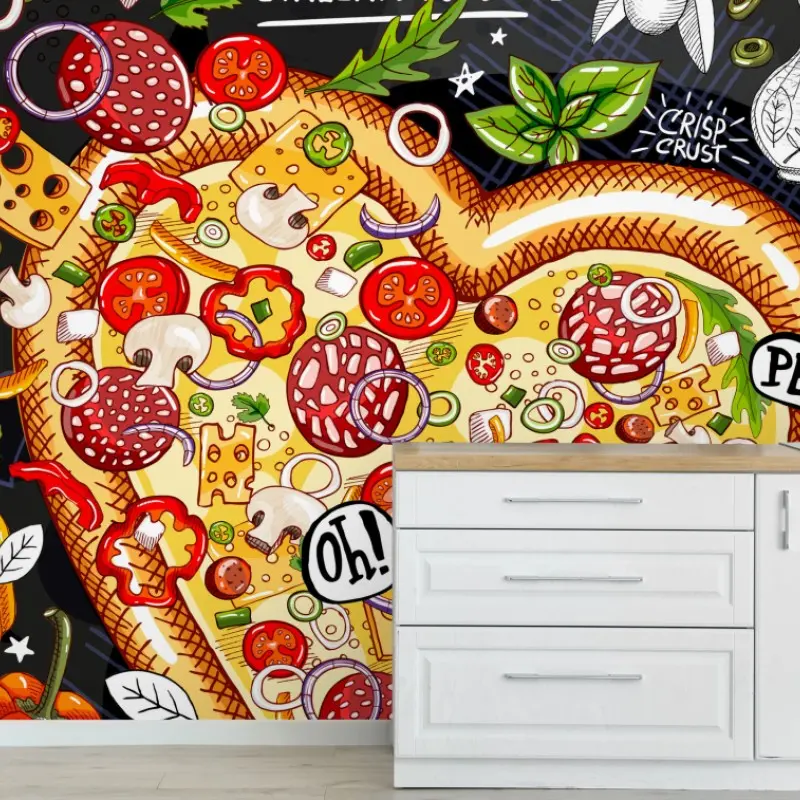 Wall mural heart-shaped pizza chalkboard art