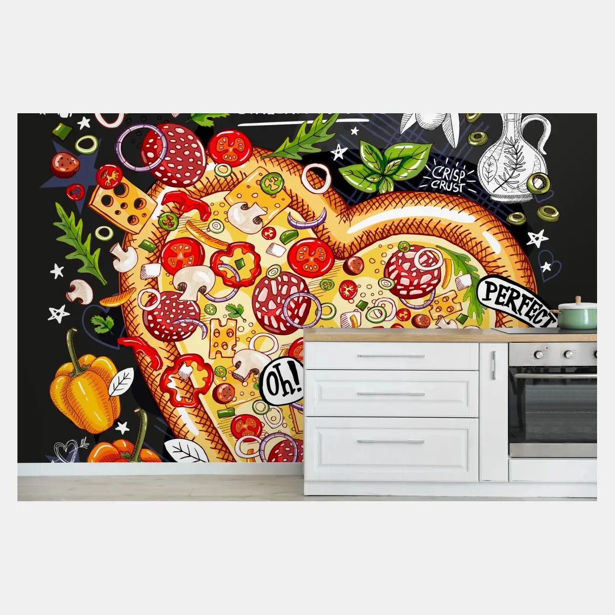 Wall mural heart-shaped pizza chalkboard art • Wallissimo®
