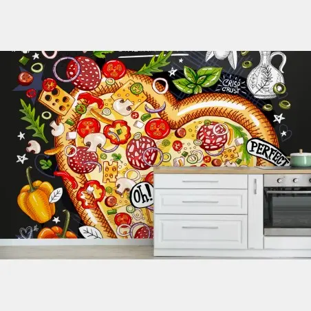 Wall mural heart-shaped pizza chalkboard art • Wallissimo®