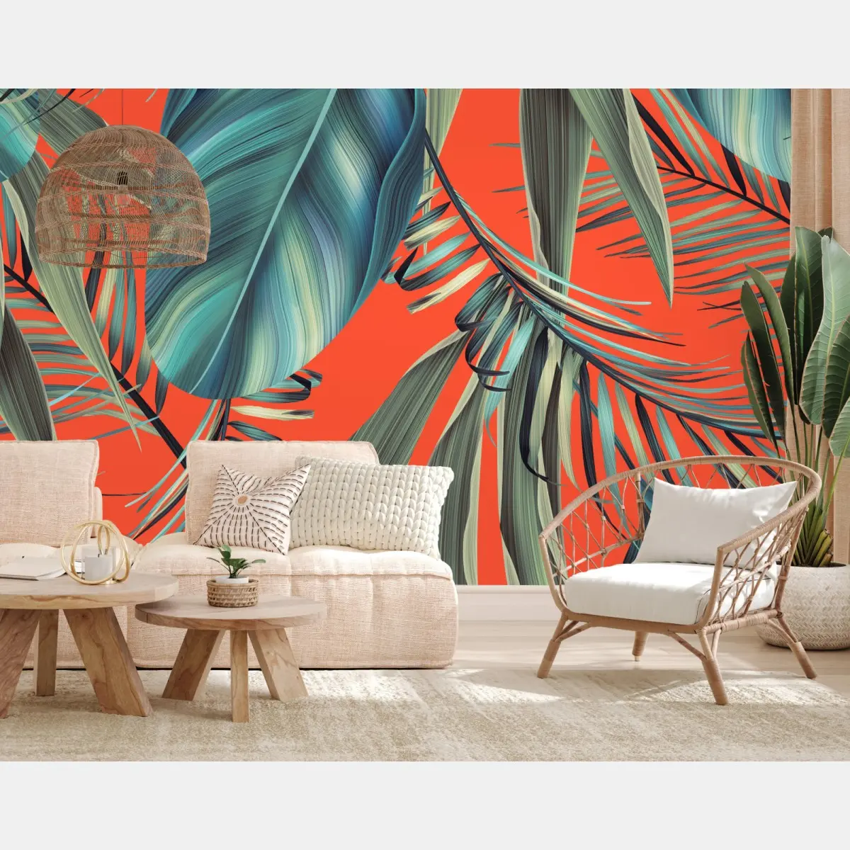 Wall mural tropical turquoise leaves on orange background • Wallissimo®