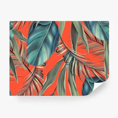 Wall mural tropical turquoise leaves on orange background • Wallissimo®