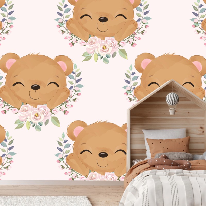 Wall mural smiling teddy bear floral pattern