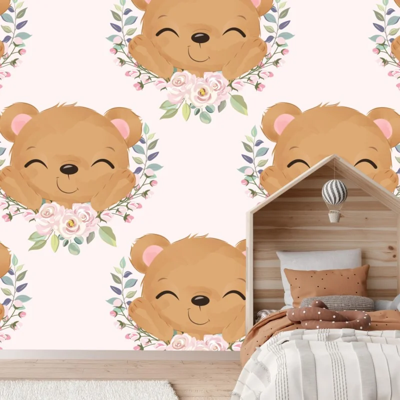 Wall mural smiling teddy bear floral pattern