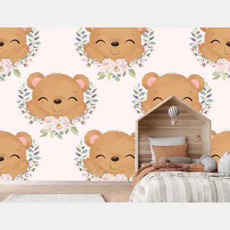 Wall mural smiling teddy bear floral pattern • Wallissimo®
