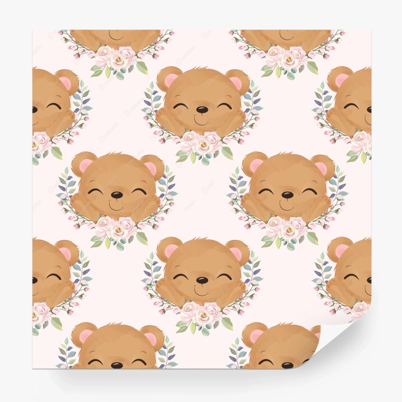 Wall mural smiling teddy bear floral pattern